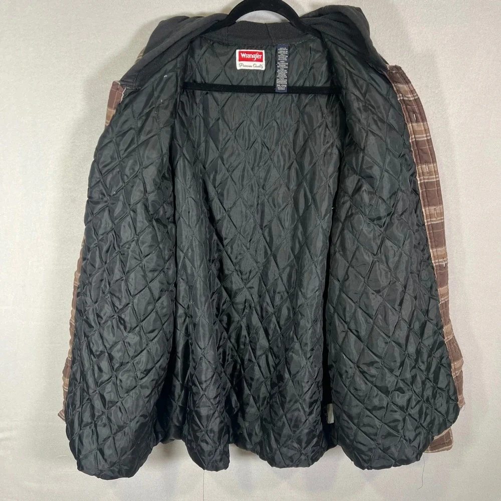 Wrangler Hooded Flannel Shirt Jacket 3XL Brown Plaid Quilted Y2K Button Workwear